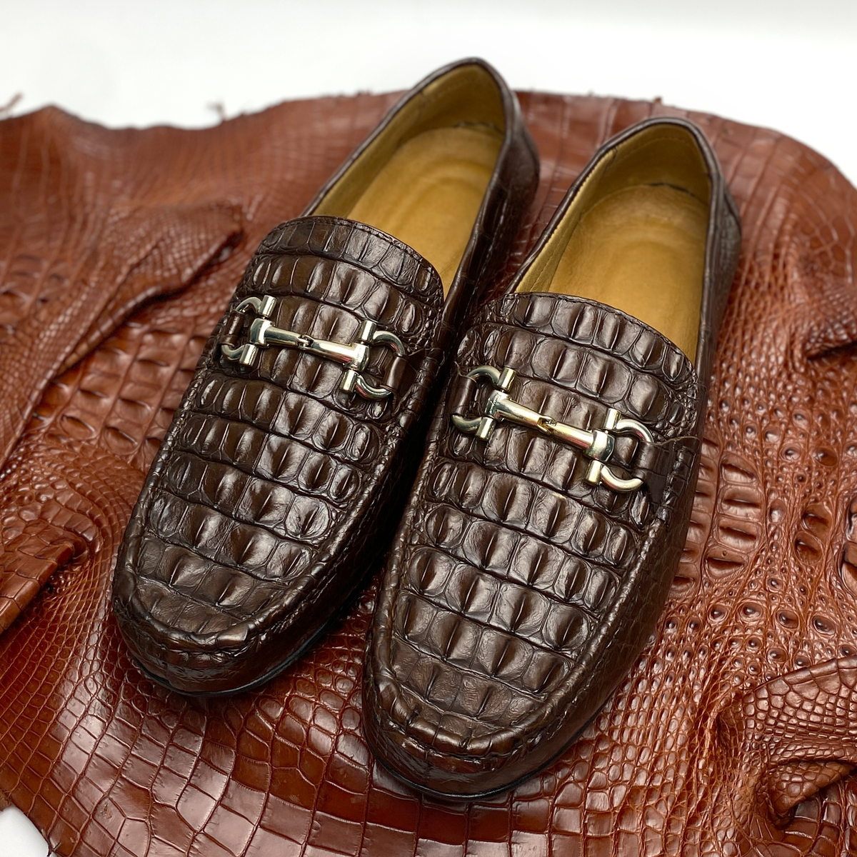 blue dress for baby girl Dark Brown Mens Alligator Hornback Leather Loafers with Buckle | Crocodile Leather Slip On for Men