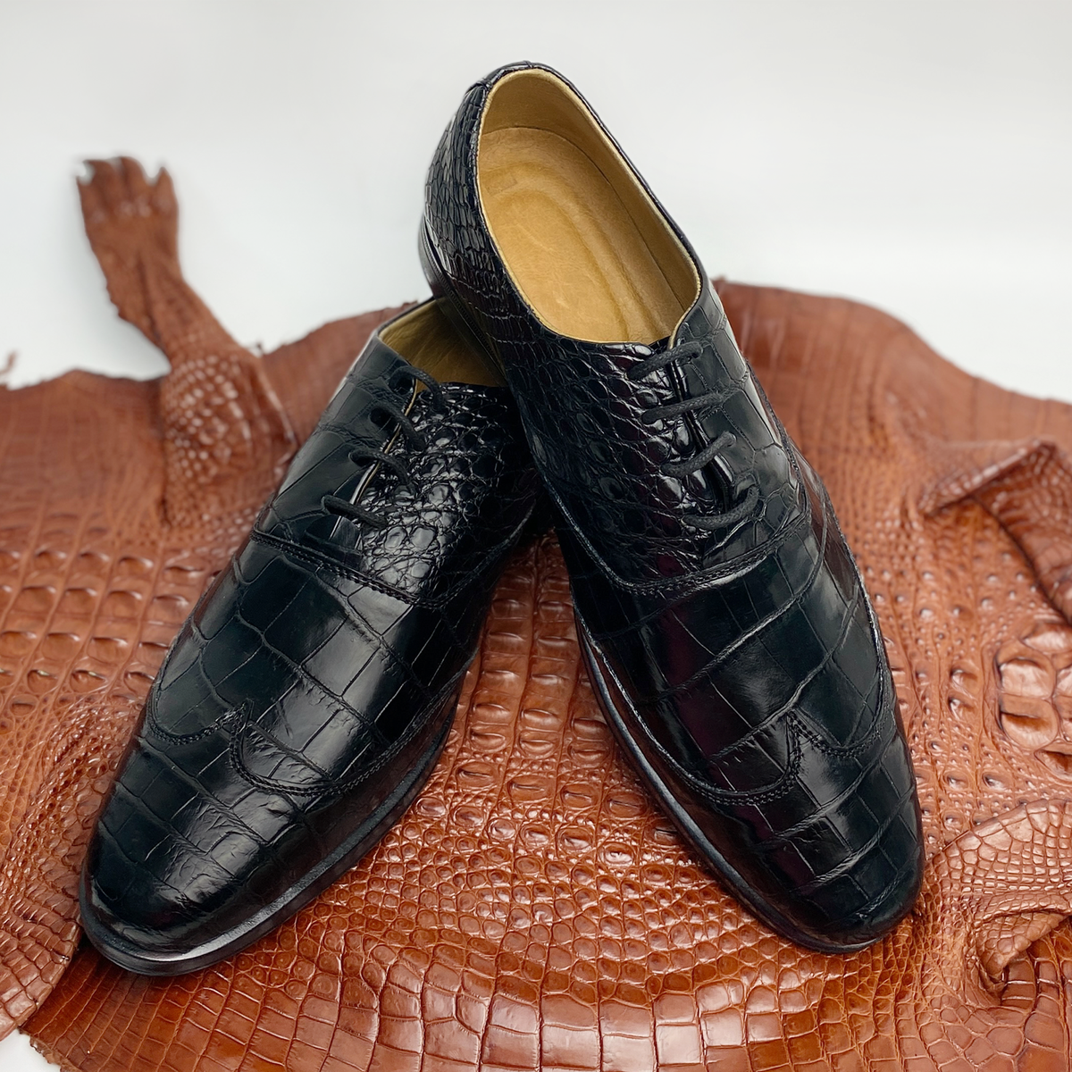 Black Genuine Belly Alligator Leather Oxford Dress Shoes For Men Vinacreations