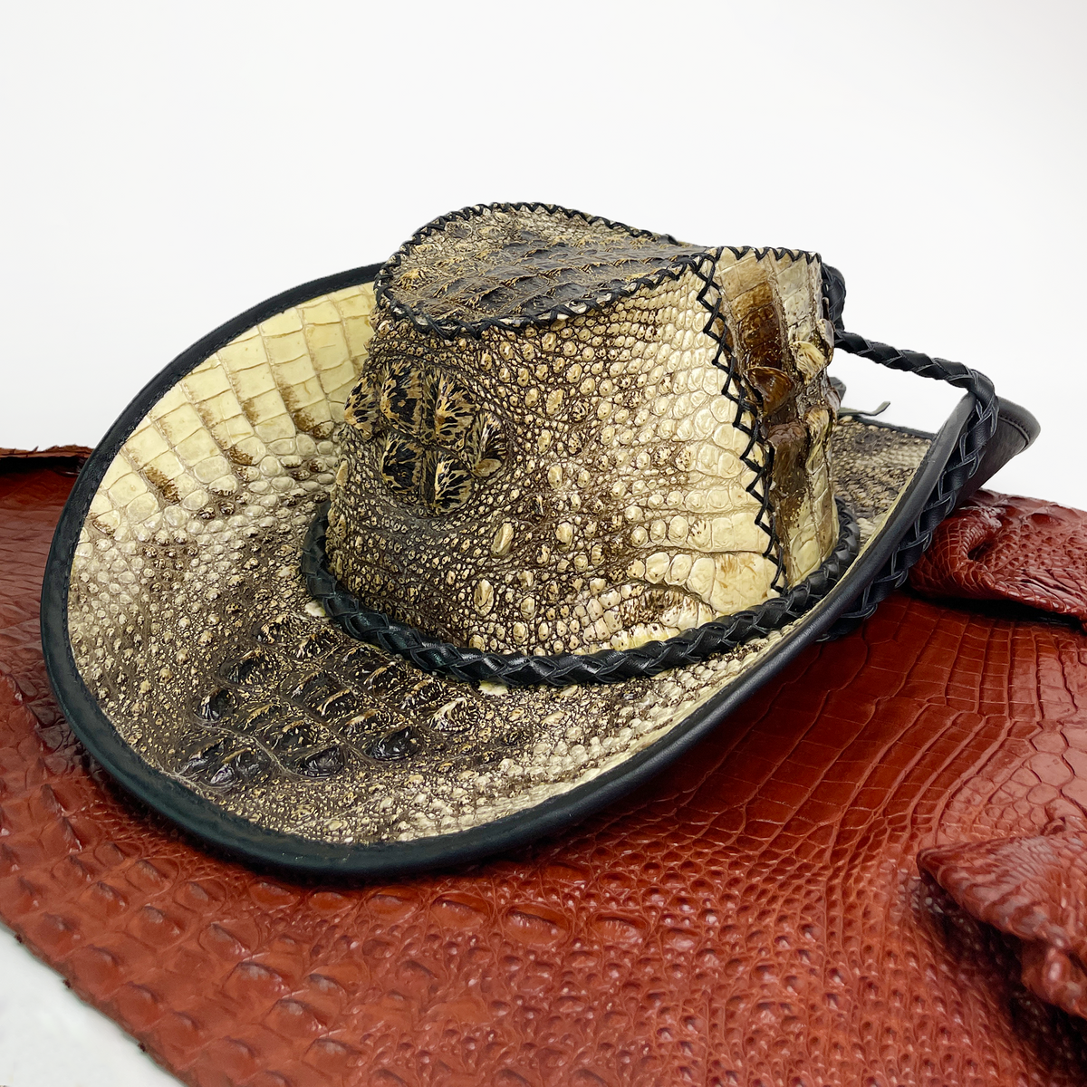 5454 Foldable Leather Hat With Crocodile Print & Mesh Ventilation | Outdoor Alligator Skin Cowboy Hat For Men With Wide Foldable Brim  main image 3
