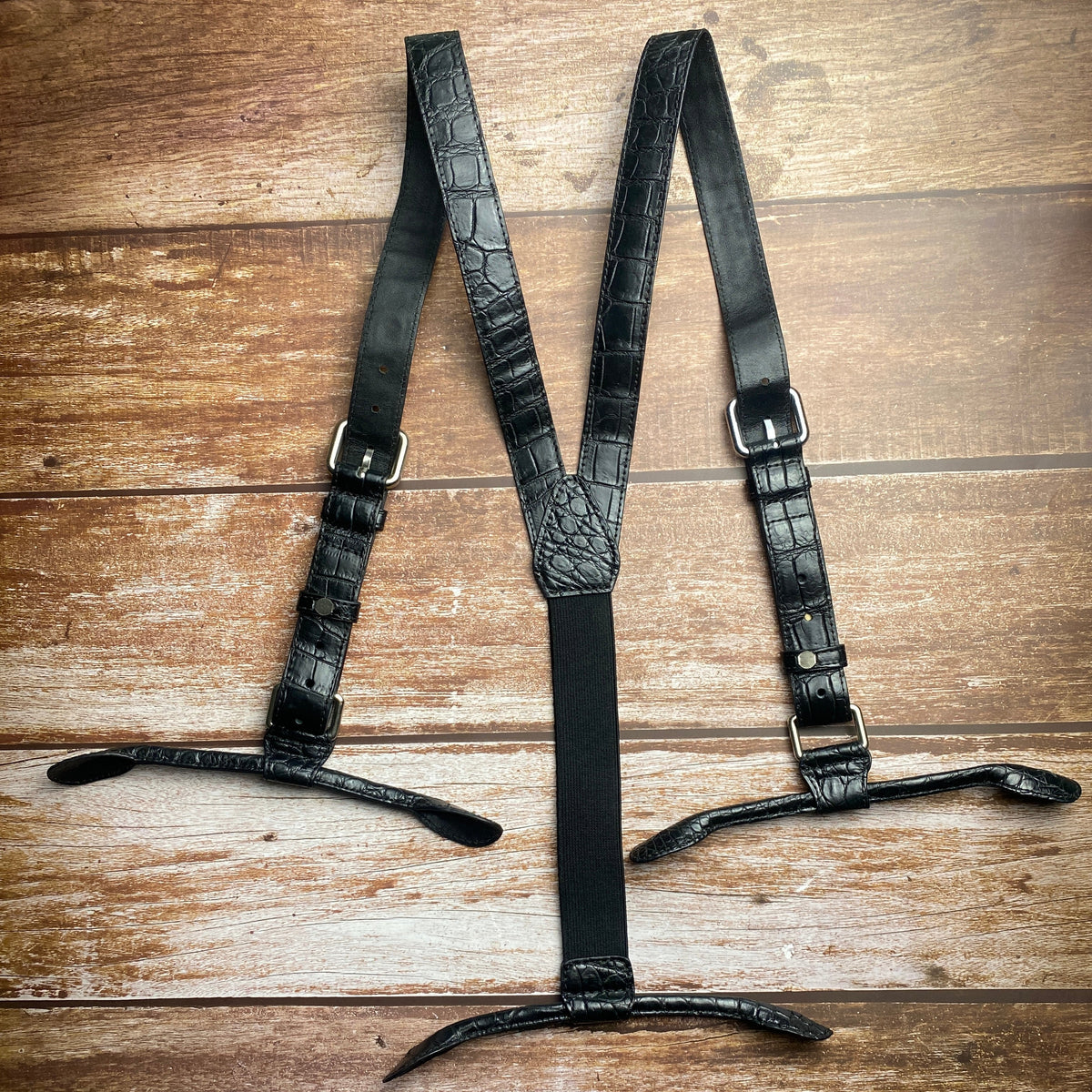 Alligator Y-Back Black Leather Suspenders Men Button End