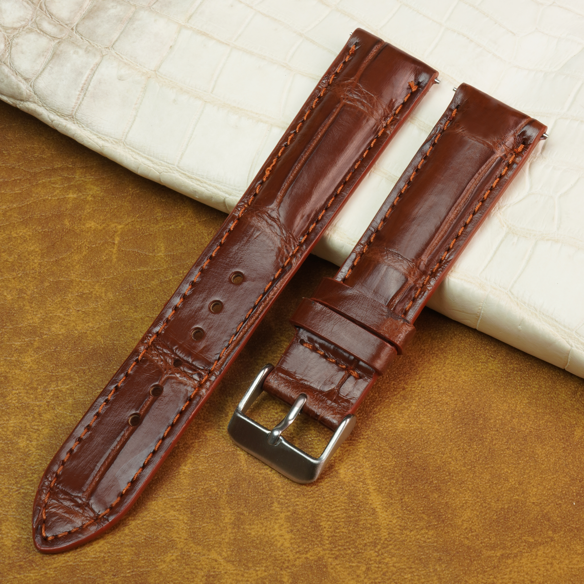 Luxury Alligator Leather Watch Band – Handmade - Rich Glay Brown Color Handmade Brown Alligator Leather Watch Band: Bespoke  main image 4