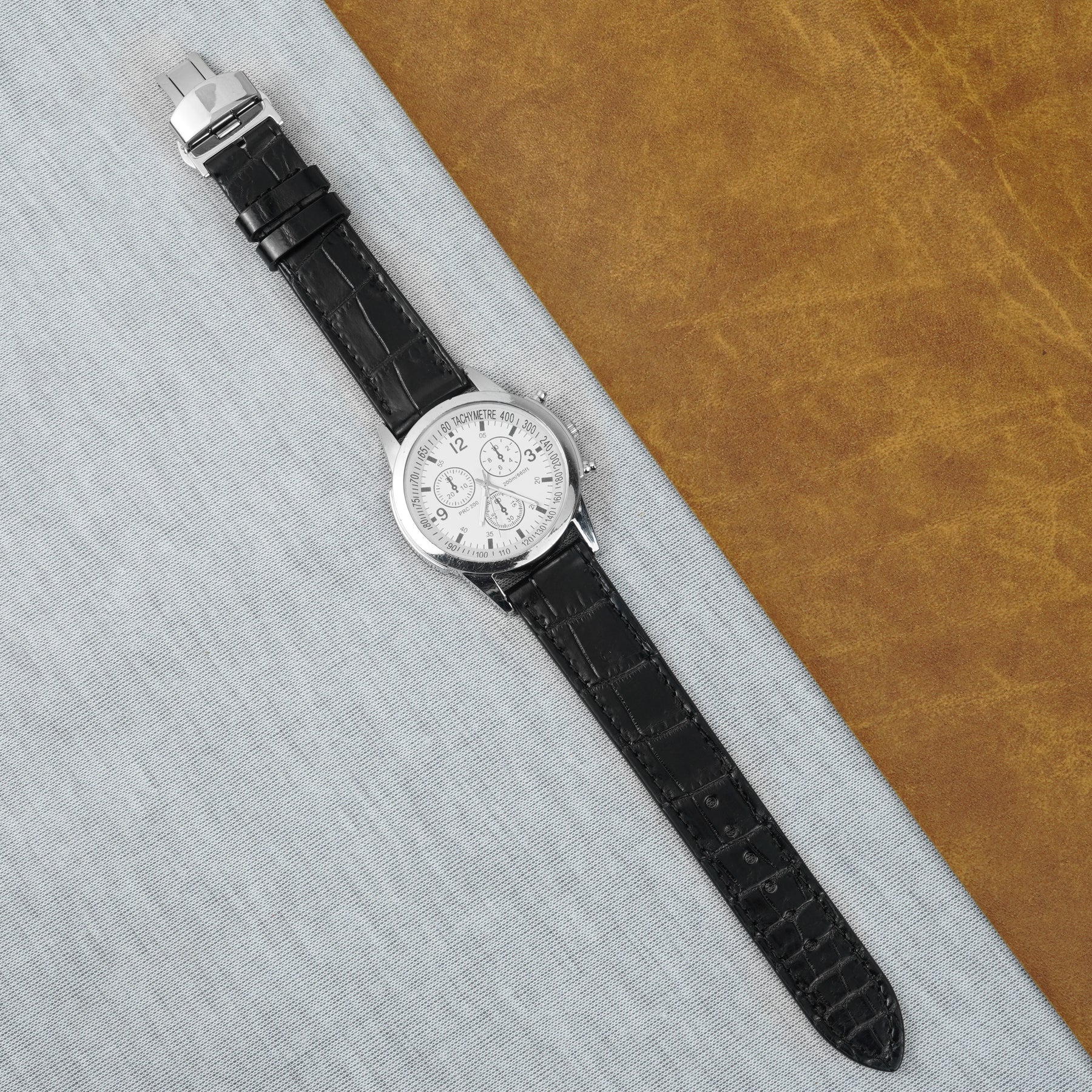 Black Flat Alligator Belly Leather Watch Strap with Deployment Clasp