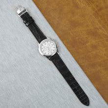 Black Flat Alligator Belly Leather Watch Strap with Deployment Clasp