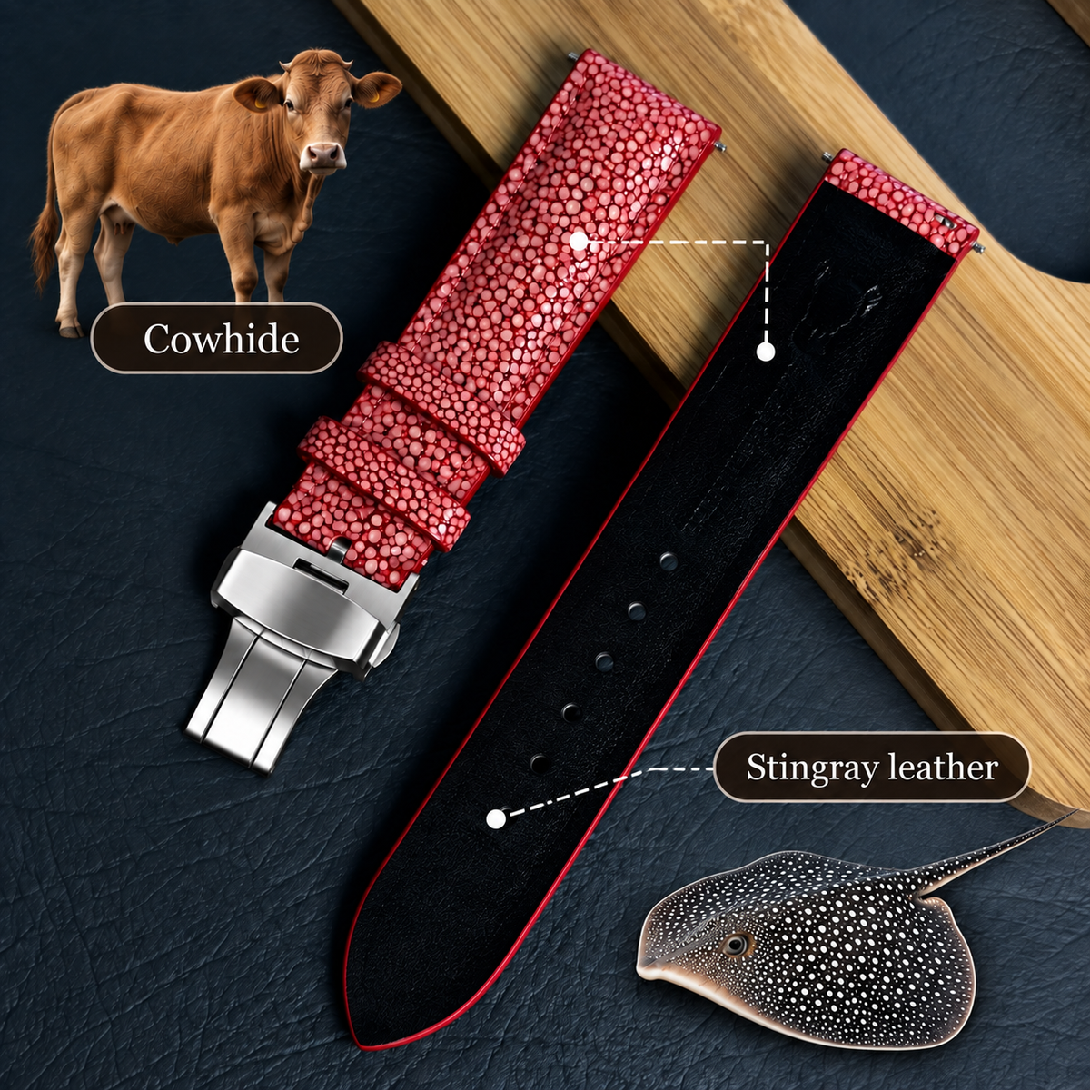 Padded Red Stingray Leather Watch Strap with Deployment Clasp