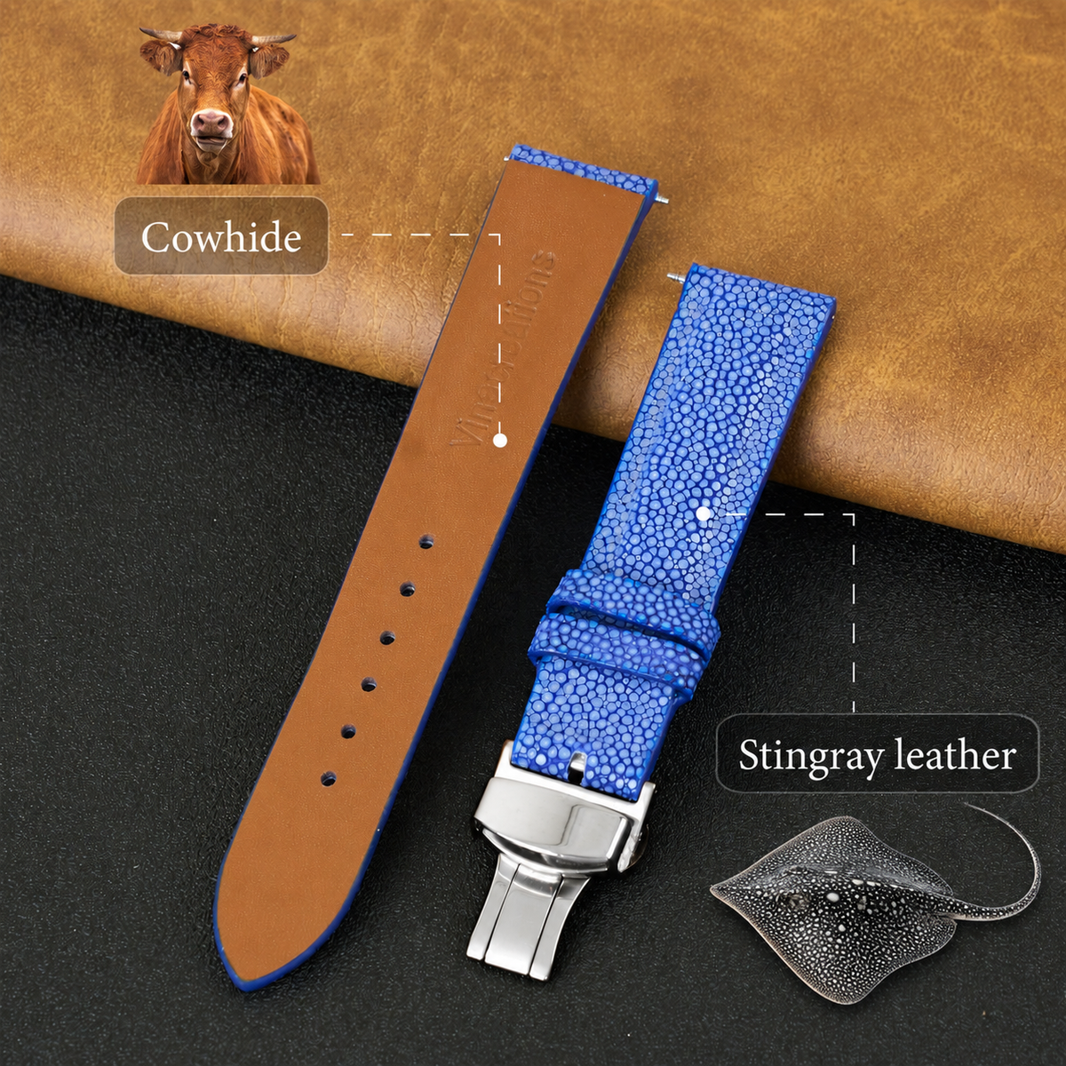 Padded Blue Stingray Leather Watch Strap with Deployment Clasp