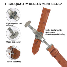 Slim Light Brown FLat Ostrich Leather Watch Band width Deployment Clasp