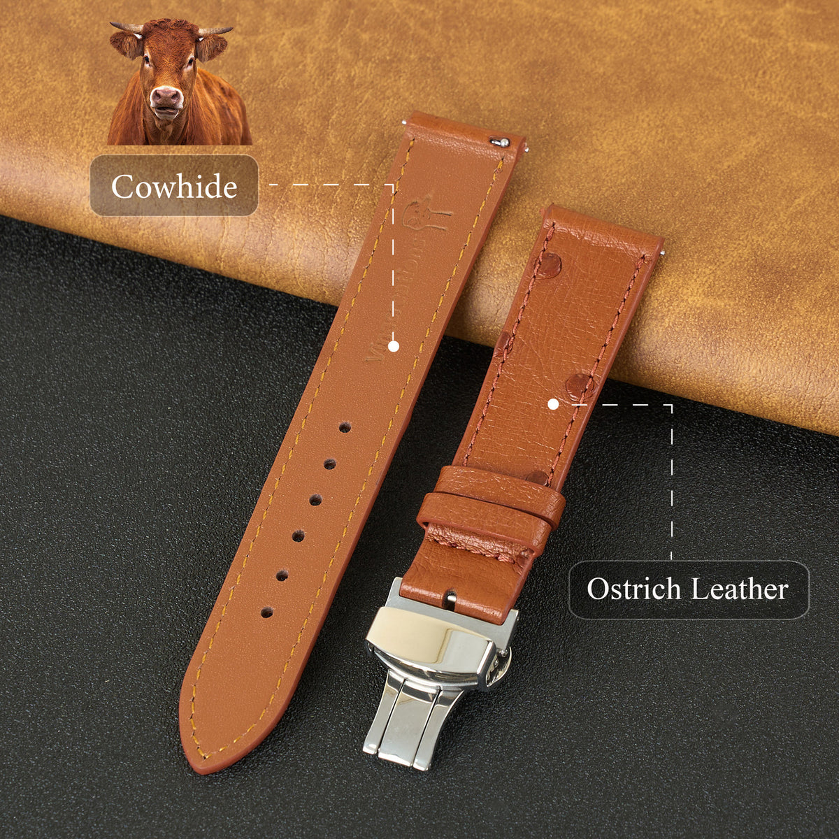 Slim Light Brown FLat Ostrich Leather Watch Band width Deployment Clasp
