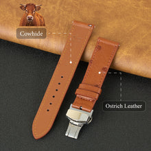 Slim Light Brown FLat Ostrich Leather Watch Band width Deployment Clasp
