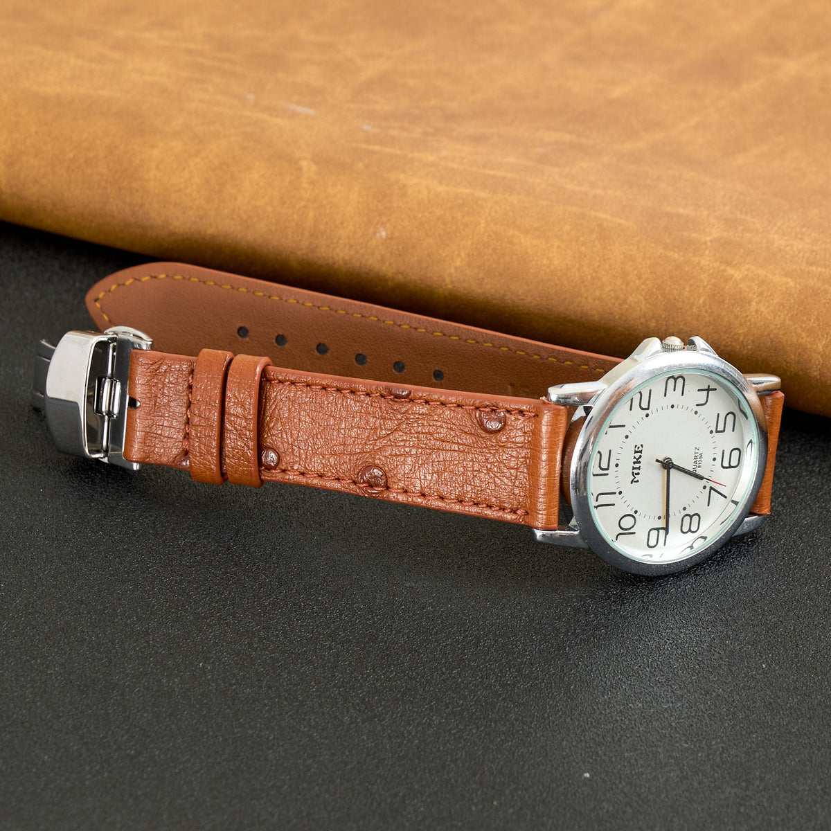 Slim Light Brown FLat Ostrich Leather Watch Band width Deployment Clasp