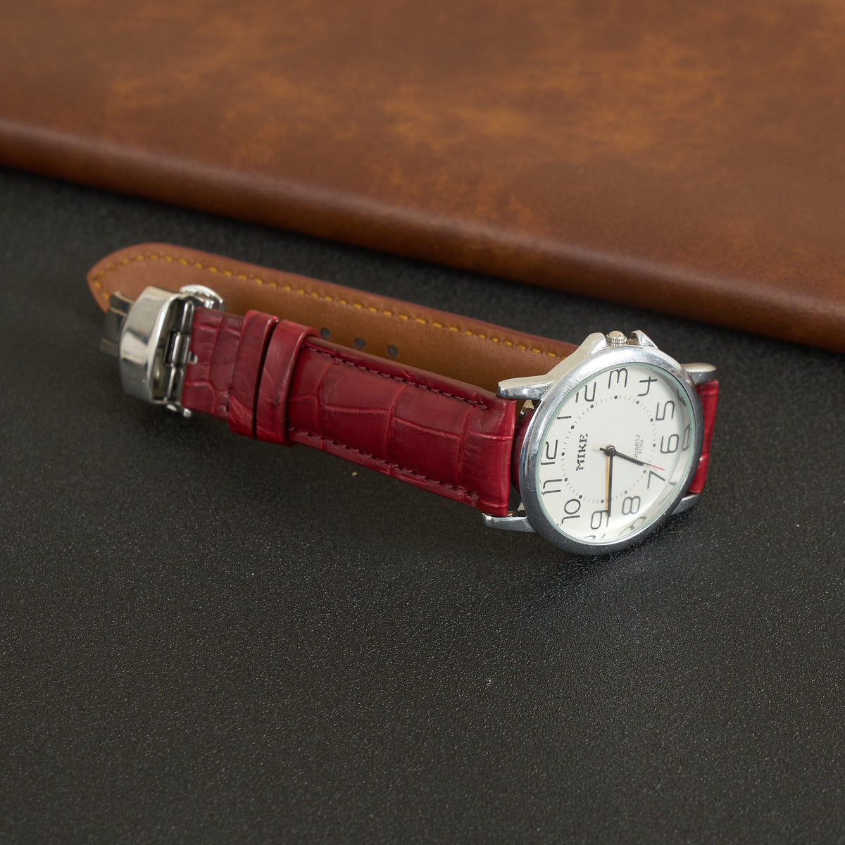 Flat Burgundy Alligator Leather Watch Band, Deployment Crocodile Watch Strap