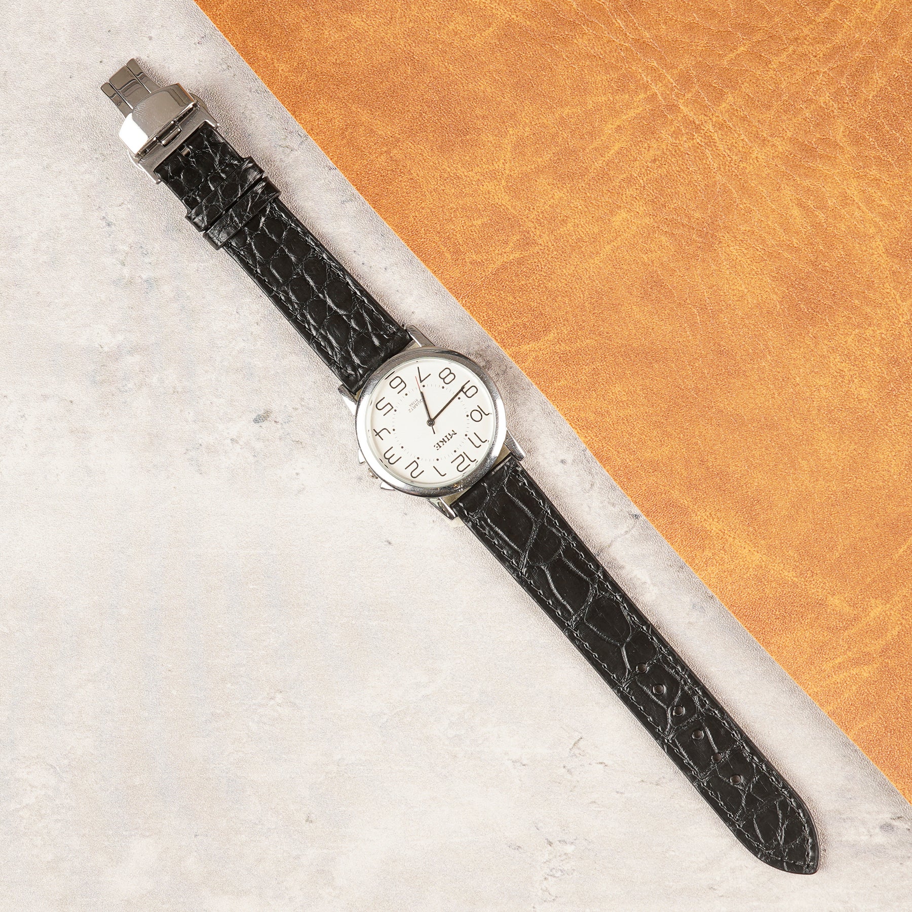 Black Alligator Flat Leather Watch Strap with Deployment Clasp