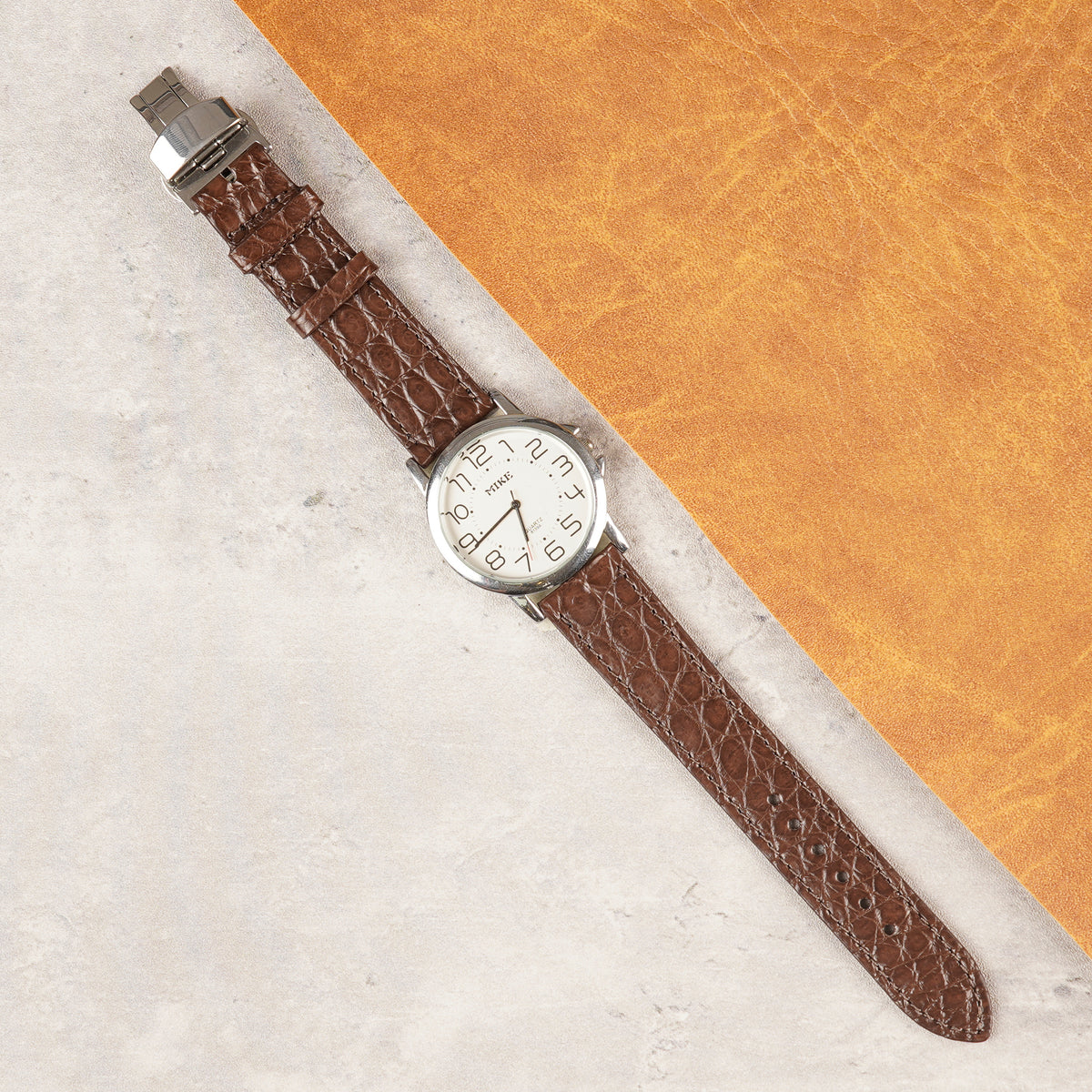 Brown Alligator Flat Leather Watch Strap with Deployment Clasp