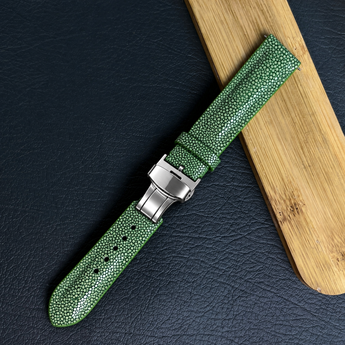 Padded Green Stingray Leather Watch Strap with Deployment Clasp