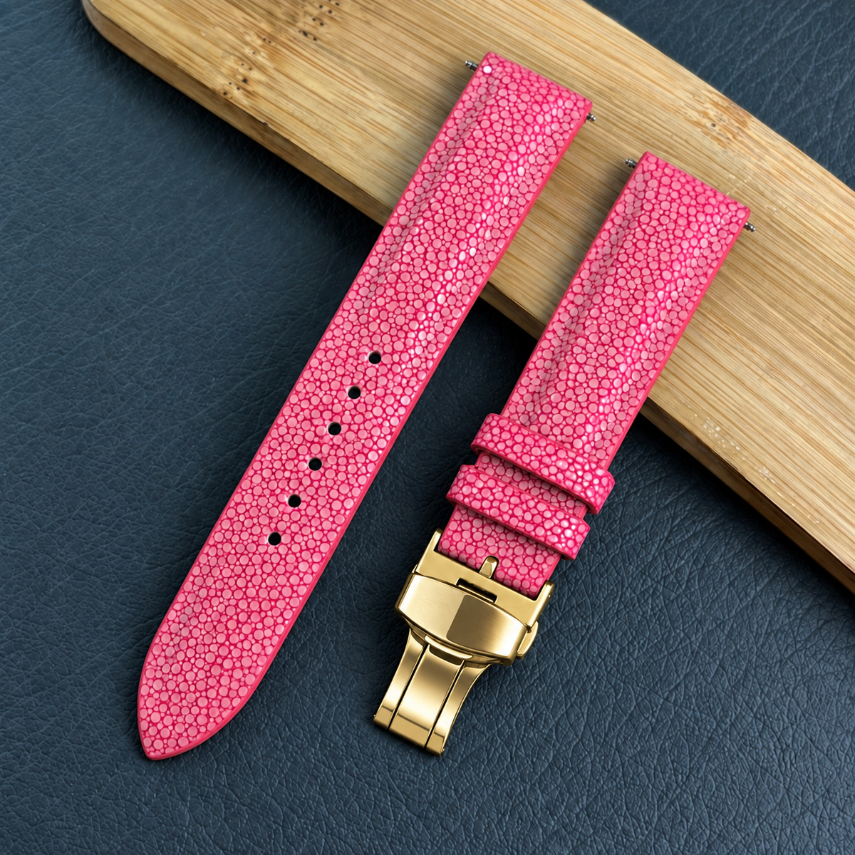 Padded Pink Stingray Leather Watch Strap with Deployment Clasp