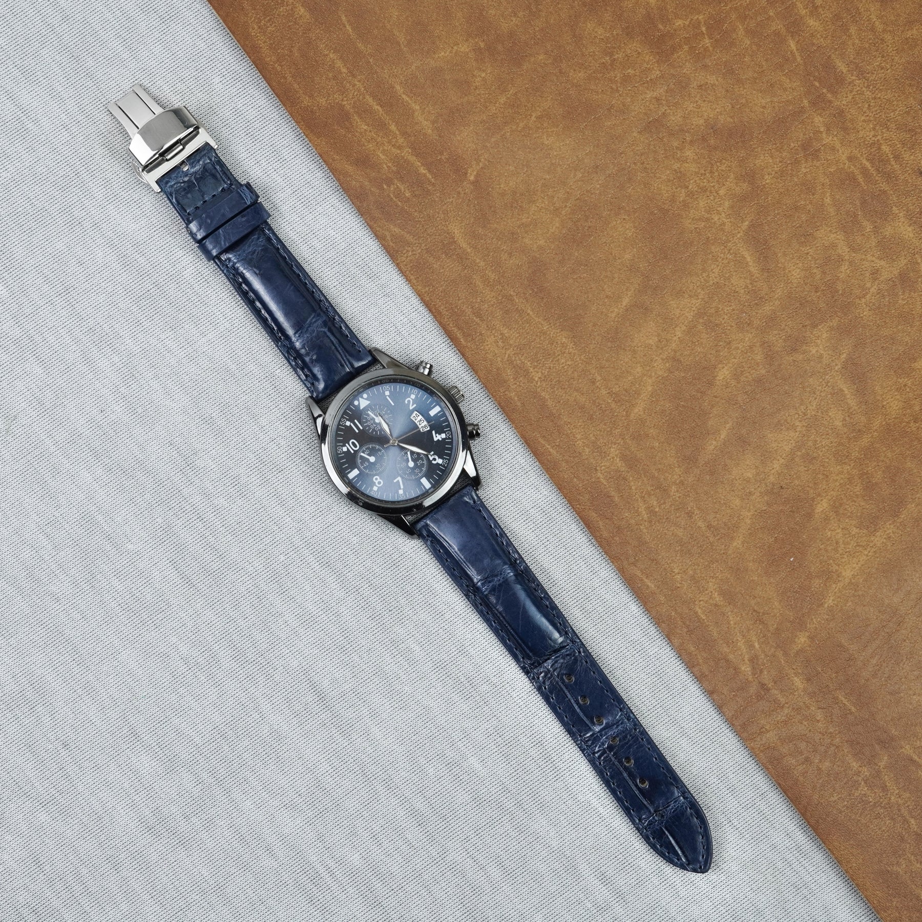 Blue Alligator Leather Watch Strap with Deployment Clasp