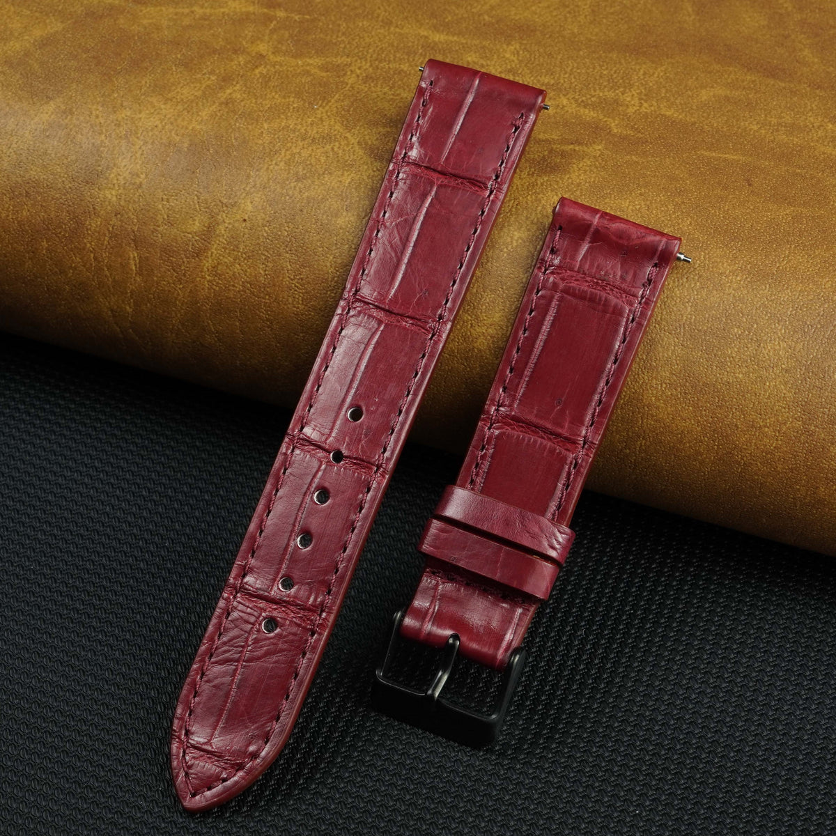Flat Burgundy Alligator Leather Watch Band, Deployment Crocodile Watch Strap