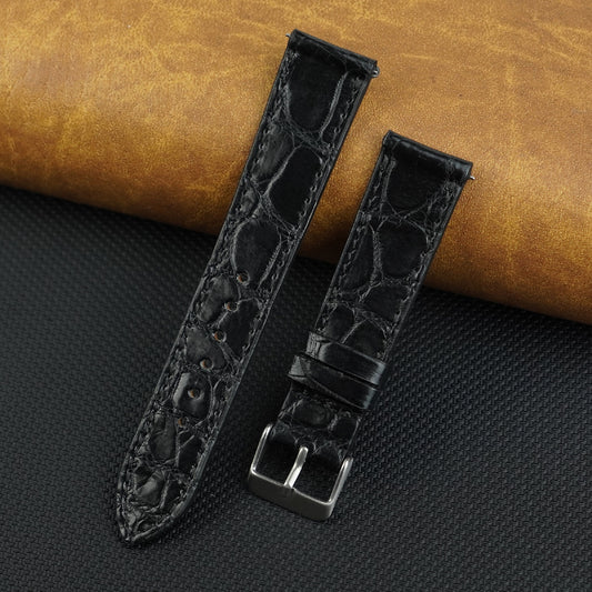 Black Slim Alligator Leather Watch Strap For Men Quick Release Thin Crocodile Watch Band