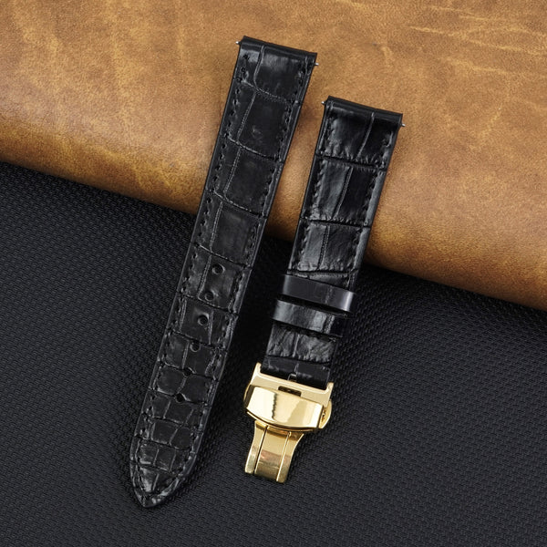 Flat Black Alligator Leather Watch Band, Crocodile Watch Strap