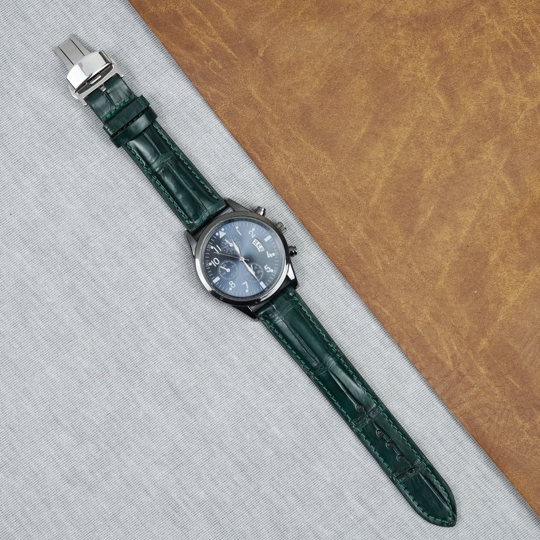 Green Alligator Leather Watch Strap with Deployment Clasp