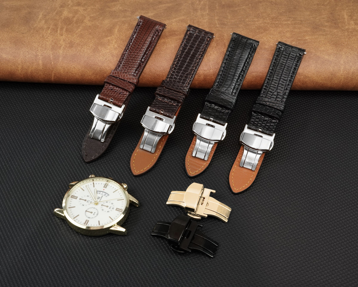 Black Flat Lizard Leather Watch Strap with Deployment Clasp