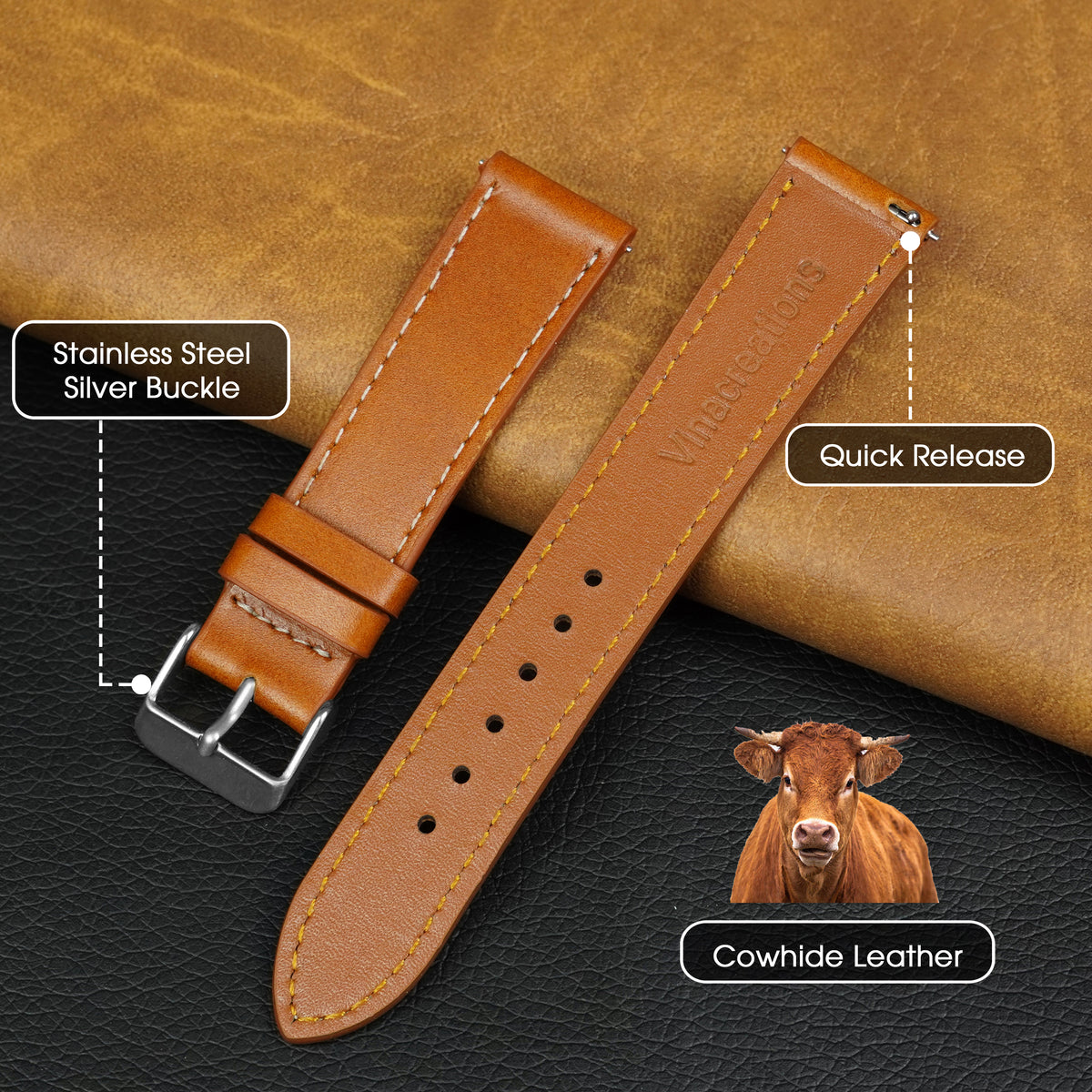 Flat Tan Brown Full Grain Watch Strap with White Stitching Quick Release