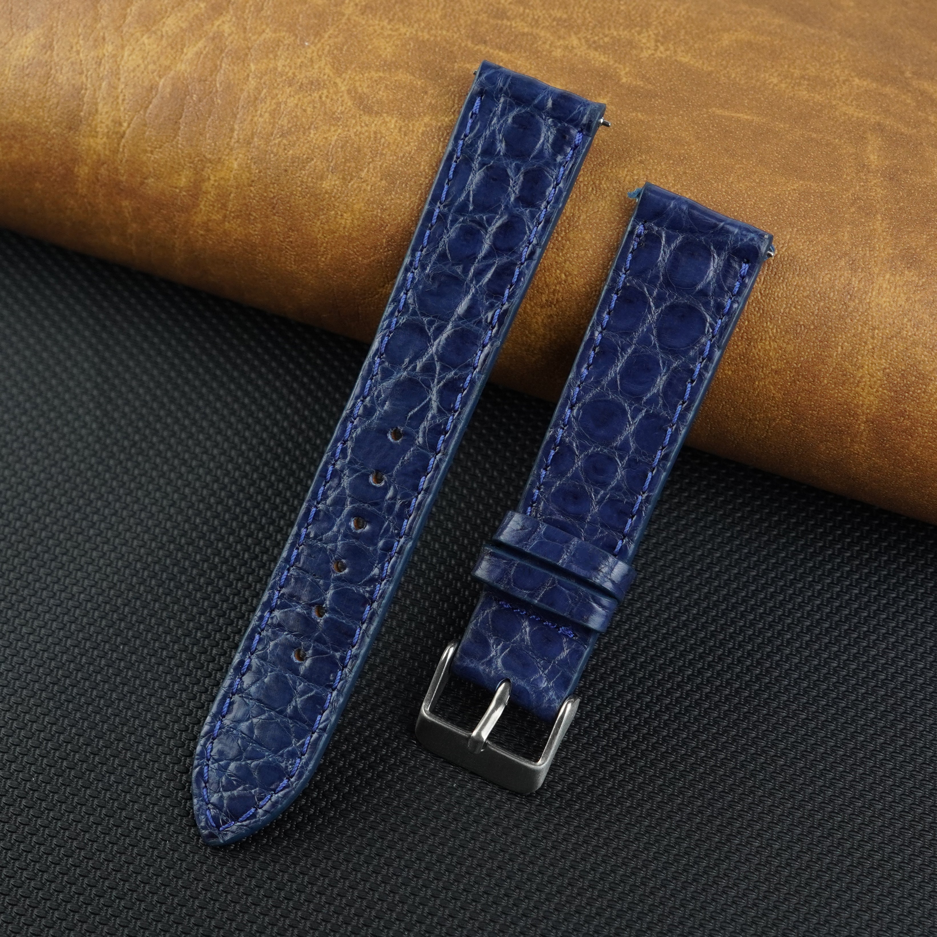Navy Blue Slim Alligator Leather Watch Band For Men Quick Release Thin Croc Premium Flat Leather Watch Strap Replacement Bespoke