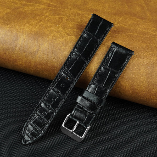 Flat Black Alligator Leather Watch Band, Crocodile Watch Strap