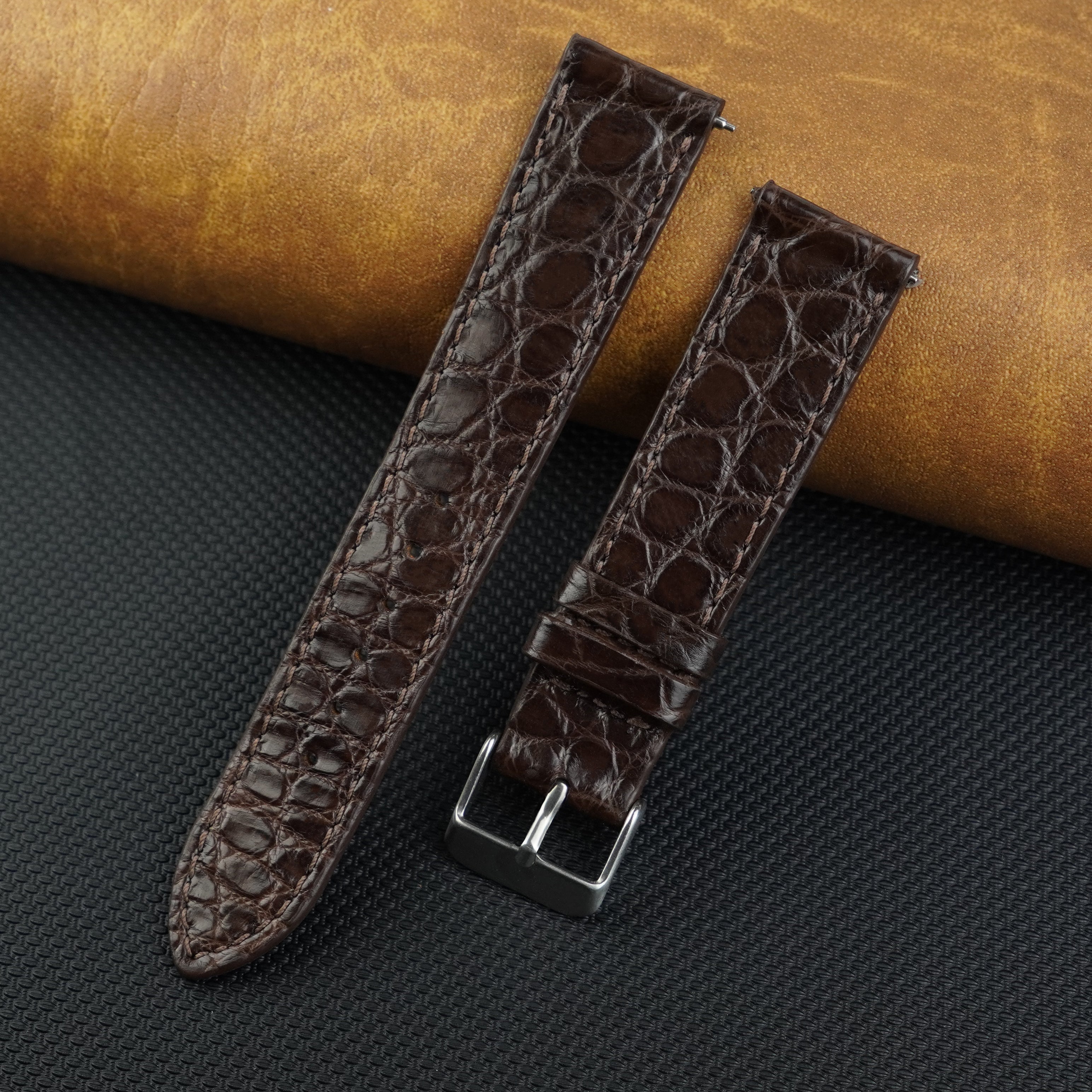 Dark Brown Slim Alligator Leather Watch Band For Men Quick Release Thin Crocodile Premium Flat Leather Watch Strap Replacement Bespoke