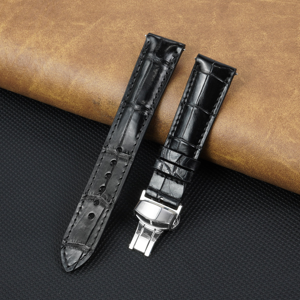 Black Alligator Leather Watch Strap with Deployment Clasp