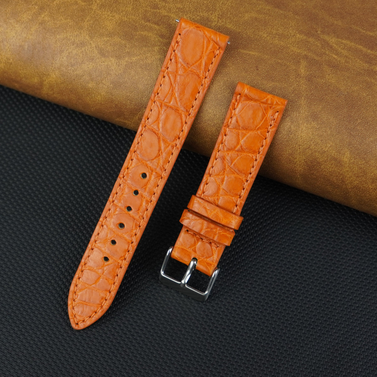 Orange Carrot Slim Alligator Leather Watch Strap For Men Thin Crocodile Watch Band
