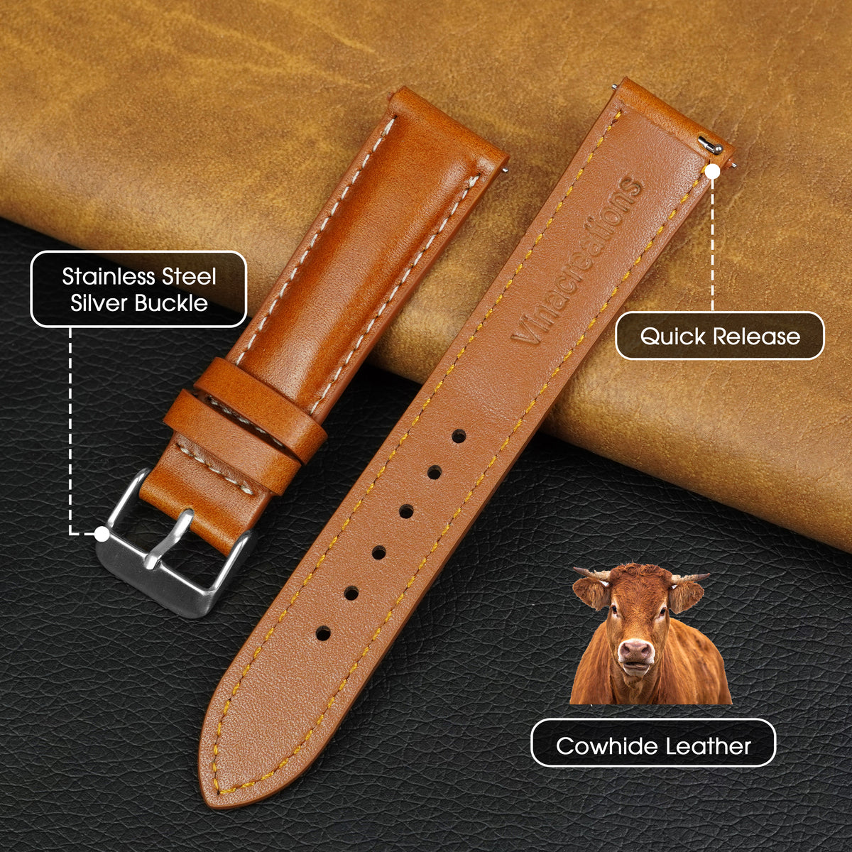 Padded Tan Brown Full Grain Watch Strap with White Stitching Quick Release