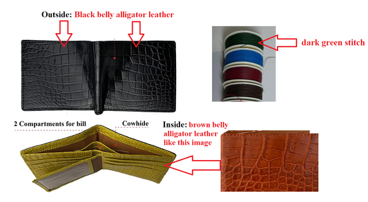 Custom Black - Light Brown Alligator leather Bifold Wallet - Dark Green hand stitching for John