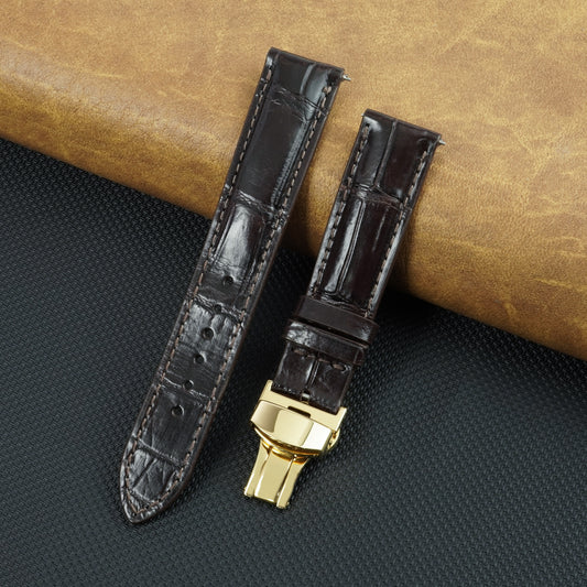 Dark Brown Alligator Leather Watch Band, Gold Deployment Clasp |DH-03D-G-20MM