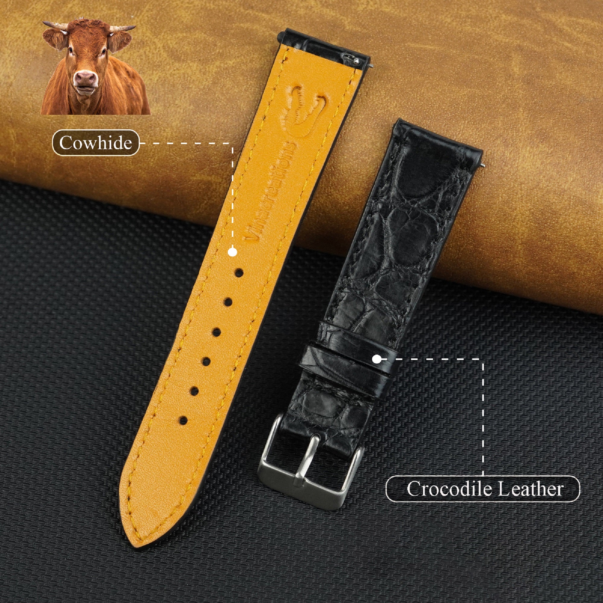 Black Slim Alligator Leather Watch Band For Men Quick Release Thin Crocodile Premium Flat Leather Watch Strap Replacement Bespoke