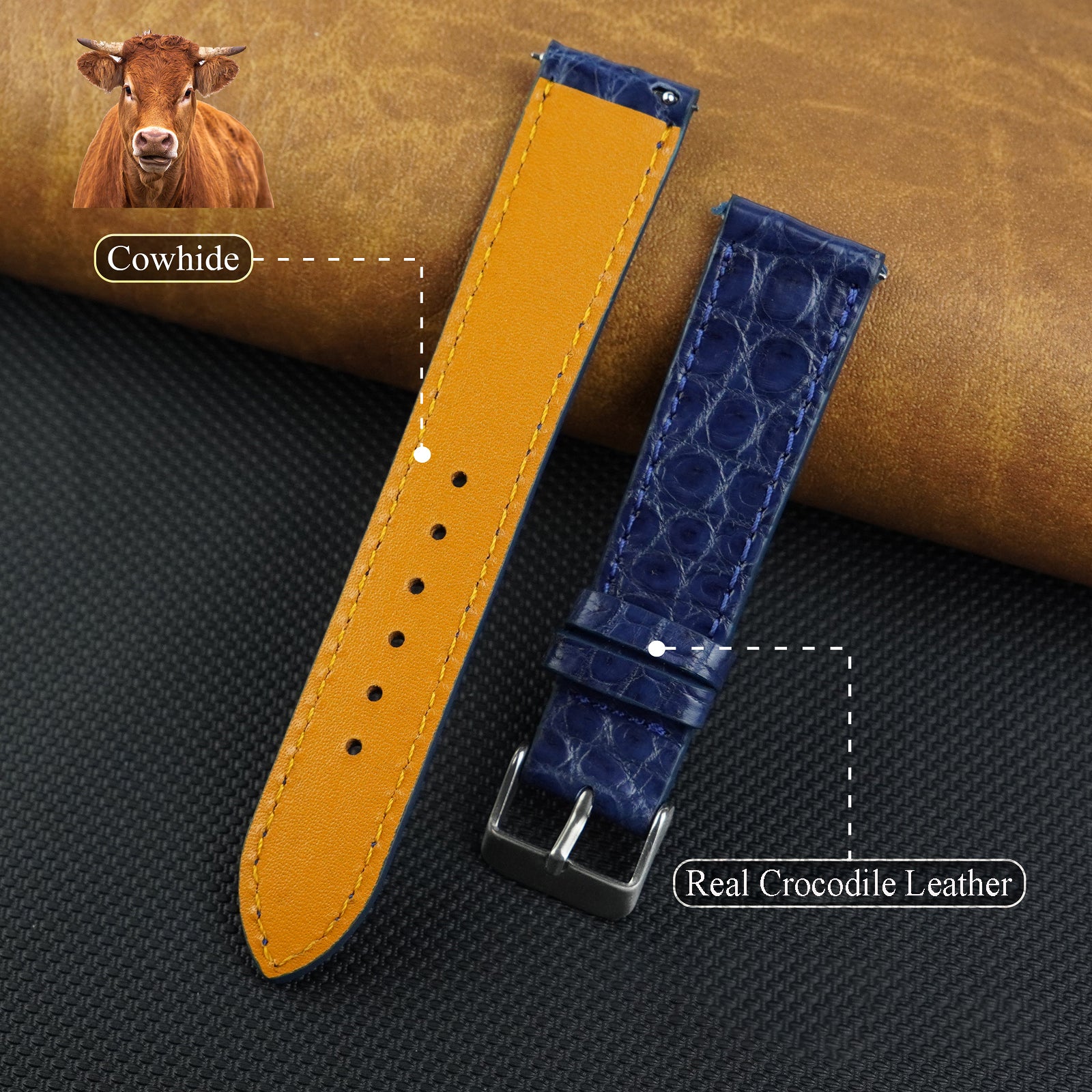 Navy Blue Slim Alligator Leather Watch Band For Men Quick Release Thin Croc Premium Flat Leather Watch Strap Replacement Bespoke