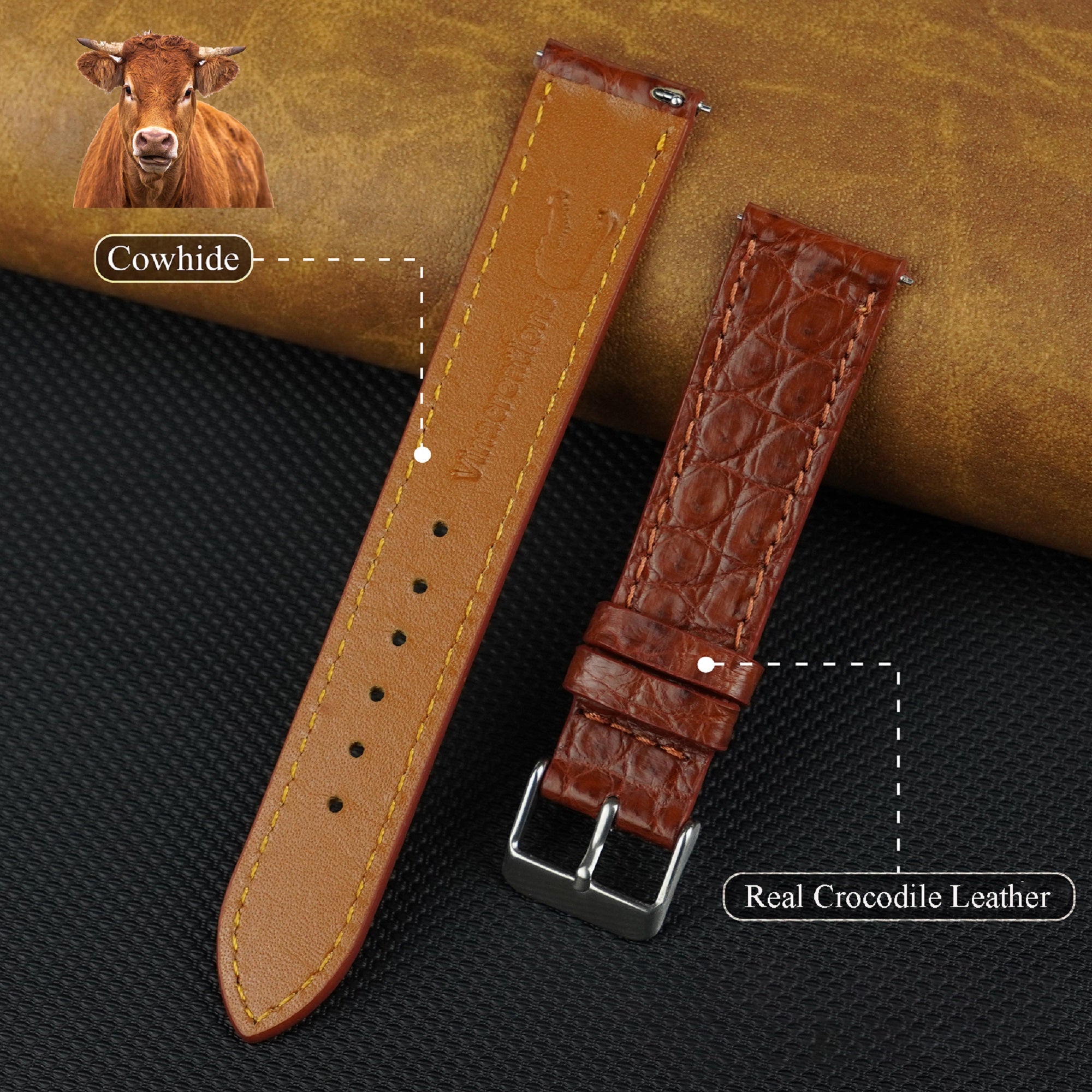 Light Brown Slim Alligator Leather Watch Band For Men Quick Release Thin Crocodile Premium Flat Leather Watch Strap Replacement Bespoke