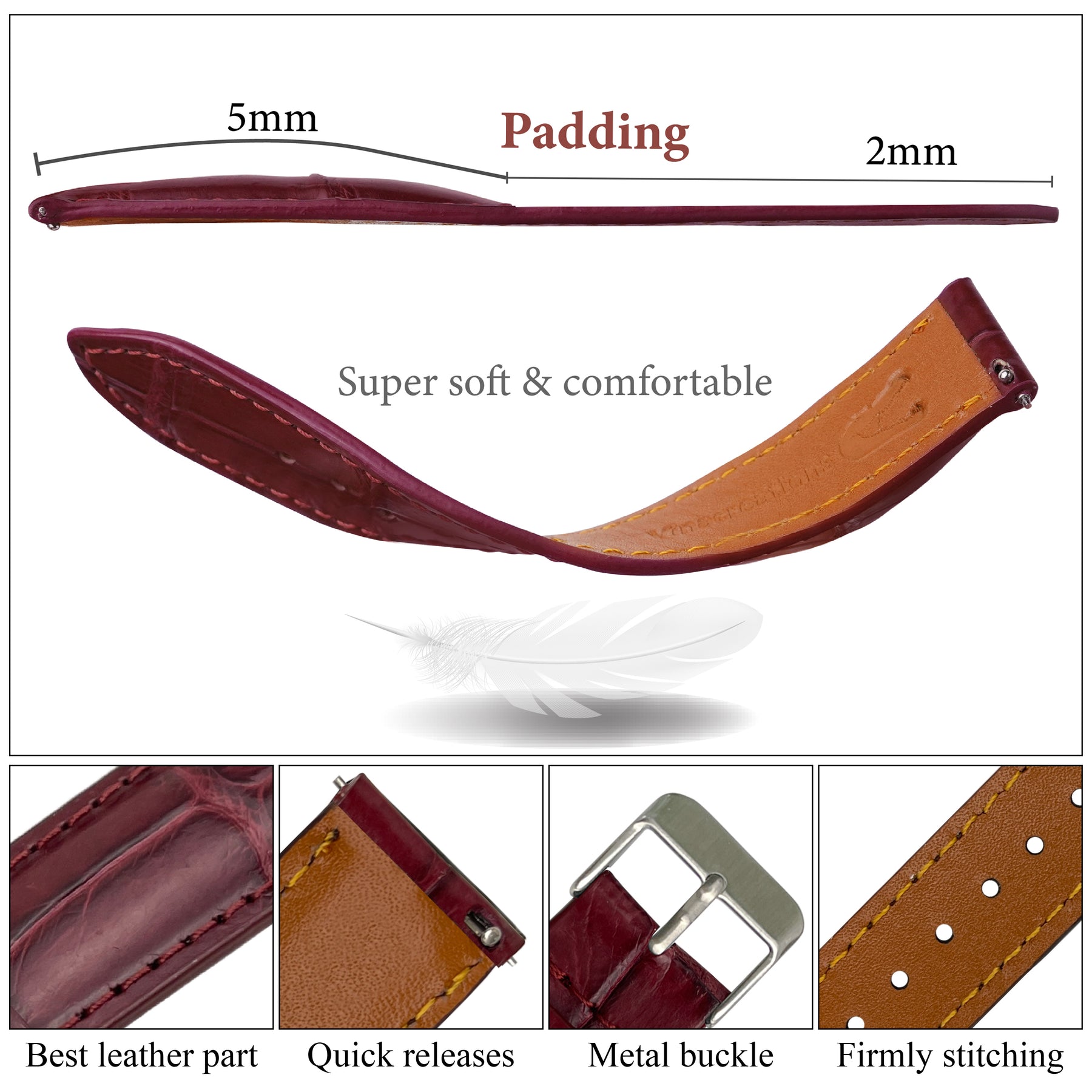 Burgundy Alligator Leather Watch Band For Men