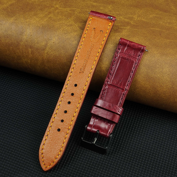 Flat Burgundy Alligator Leather Watch Band, Deployment Crocodile Watch Strap