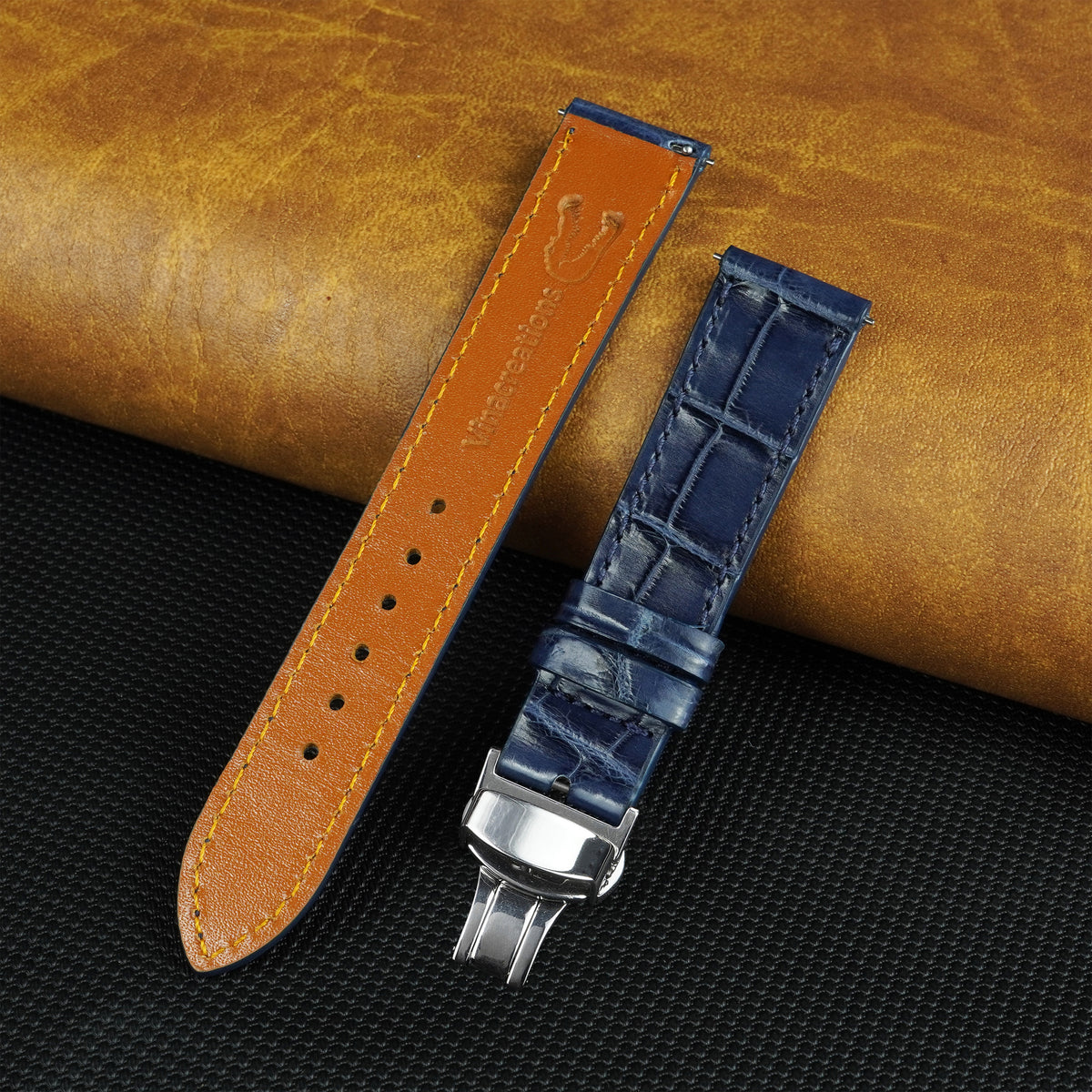 Blue Flat Alligator Belly Leather Watch Strap with Deployment Clasp