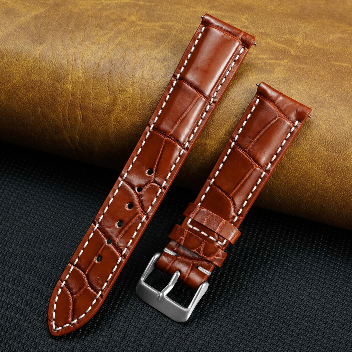 White Hand Stitching Light Brown Alligator Leather Watch Band For Men | Premium Crocodile Replacement Wristwatch Strap | DH-157