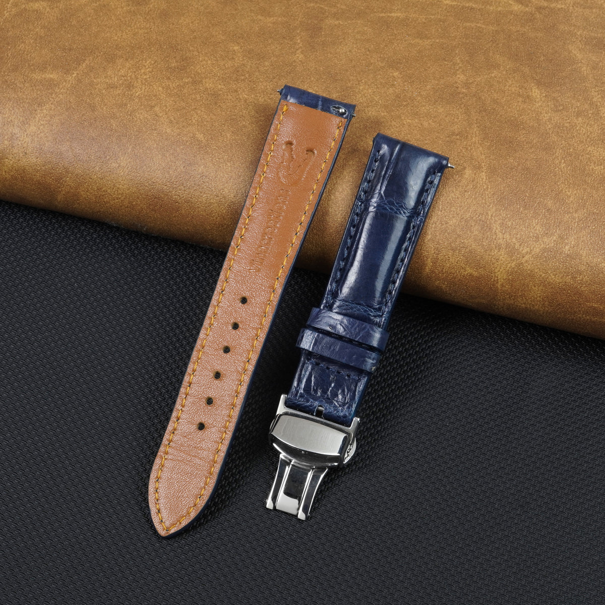 Blue Alligator Leather Watch Strap with Deployment Clasp