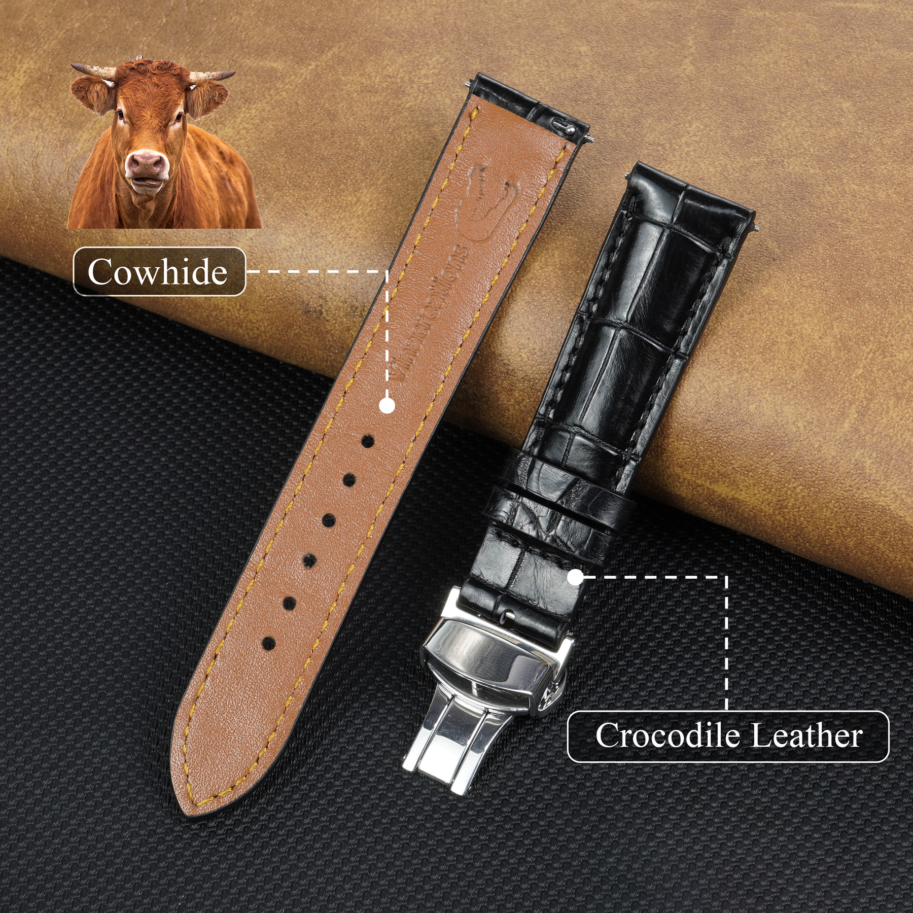 Black Alligator Leather Watch Strap with Deployment Clasp