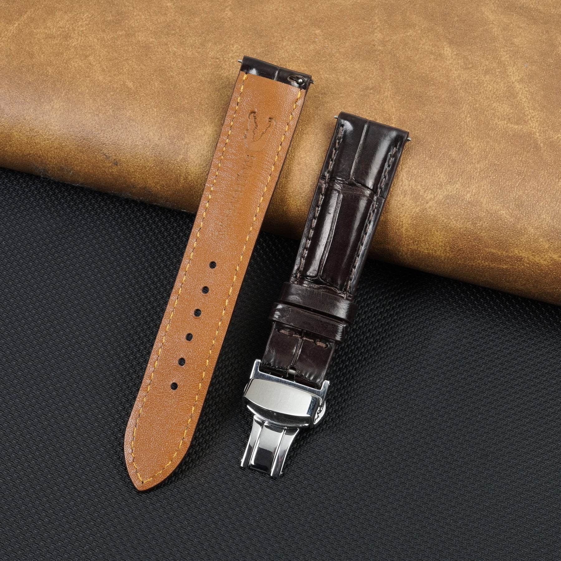 Dark Brown Alligator Leather Watch Strap with Deployment Clasp