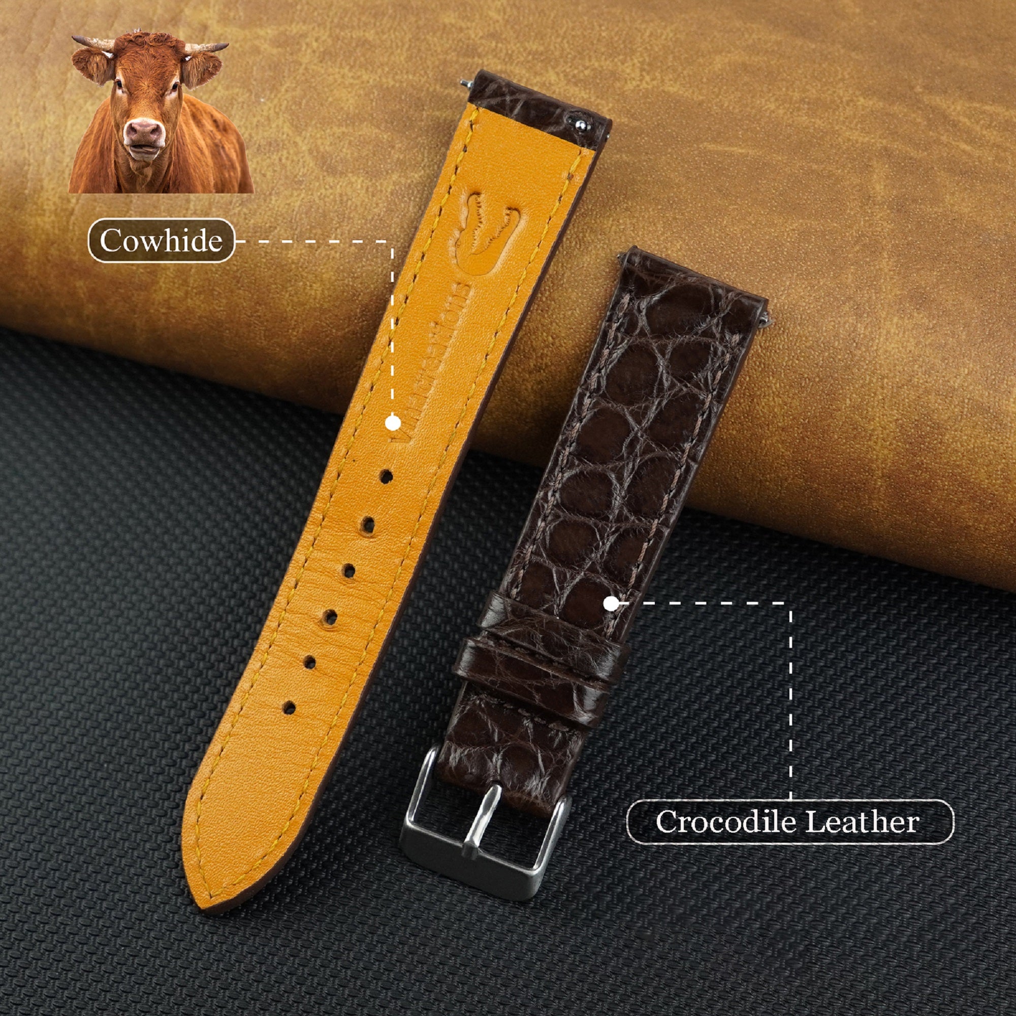 Dark Brown Slim Alligator Leather Watch Band For Men Quick Release Thin Crocodile Premium Flat Leather Watch Strap Replacement Bespoke