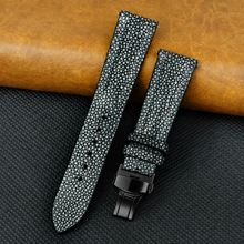 Padded Black Stingray Leather Watch Strap with Deployment Clasp