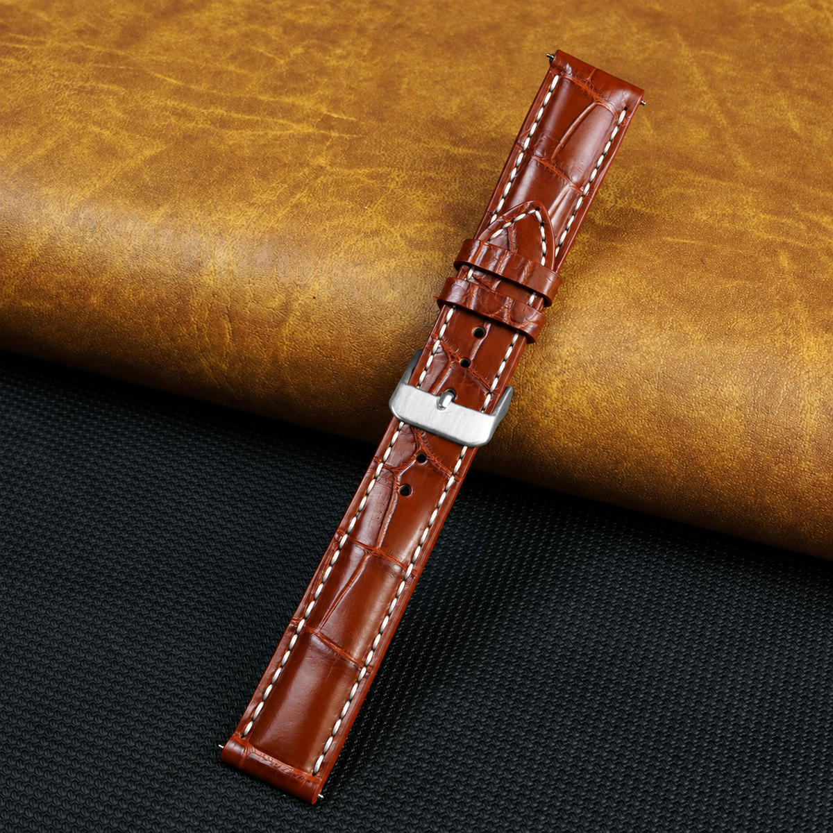 White Hand Stitching Light Brown Alligator Leather Watch Band For Men | Premium Crocodile Replacement Wristwatch Strap | DH-157
