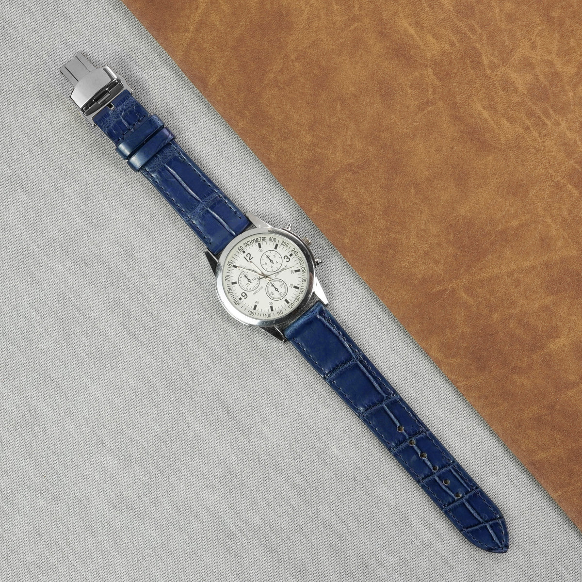 Blue Flat Alligator Belly Leather Watch Strap with Deployment Clasp