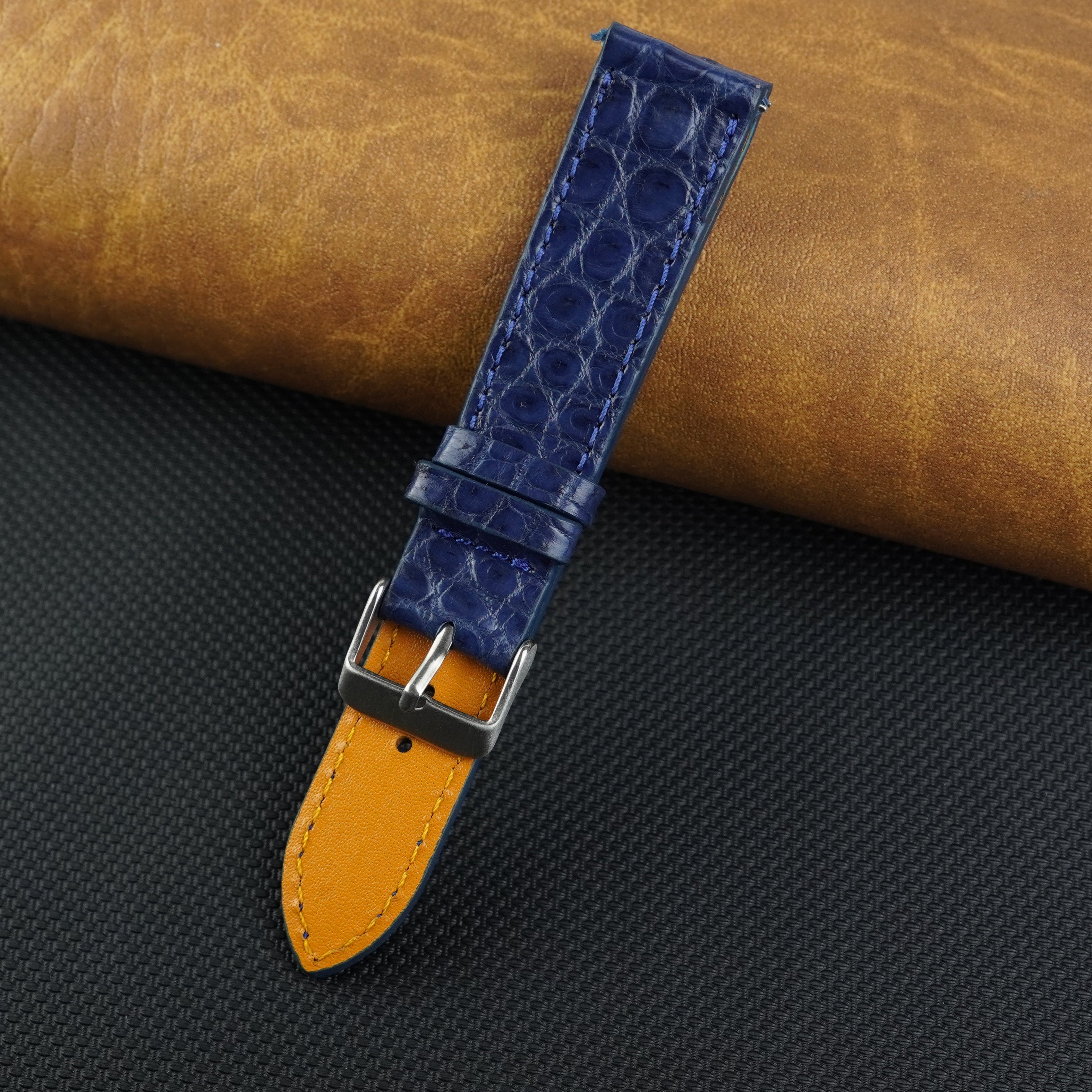 Navy Blue Slim Alligator Leather Watch Band For Men Quick Release Thin Croc Premium Flat Leather Watch Strap Replacement Bespoke