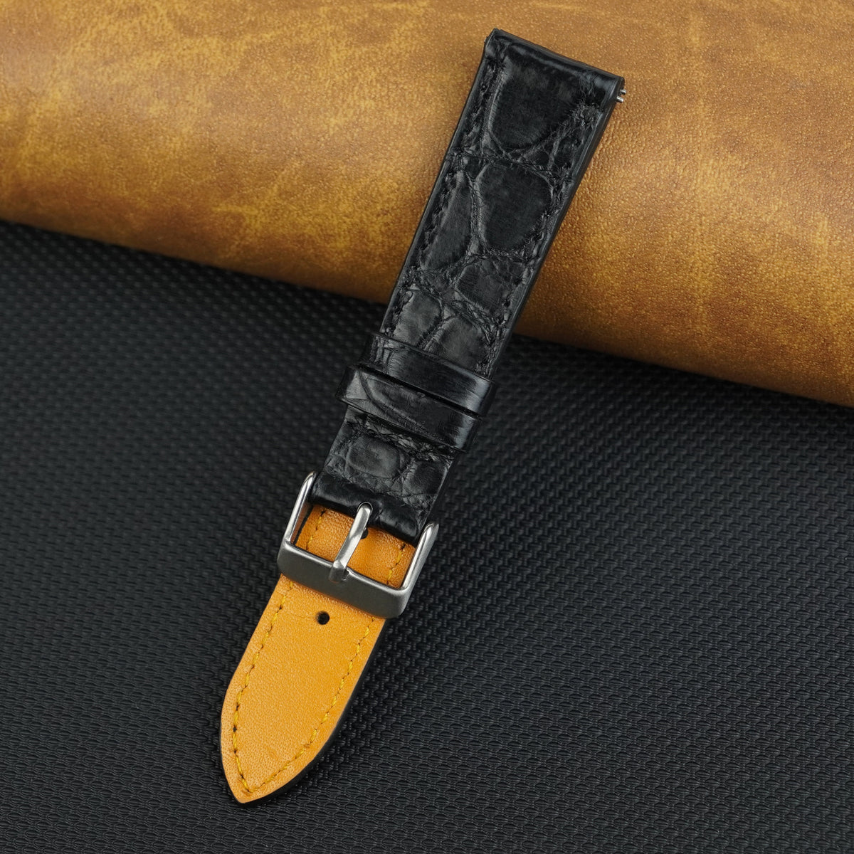 Black Slim Alligator Leather Watch Strap For Men Quick Release Thin Crocodile Watch Band