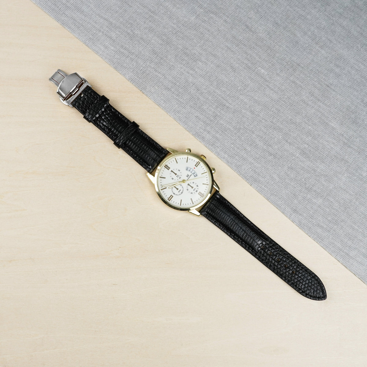 Black Lizard Leather Watch Strap with Deployment Clasp